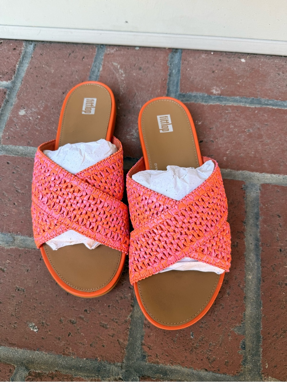 Fitflop Orange-Pink Woven Crossband Slide Sandals